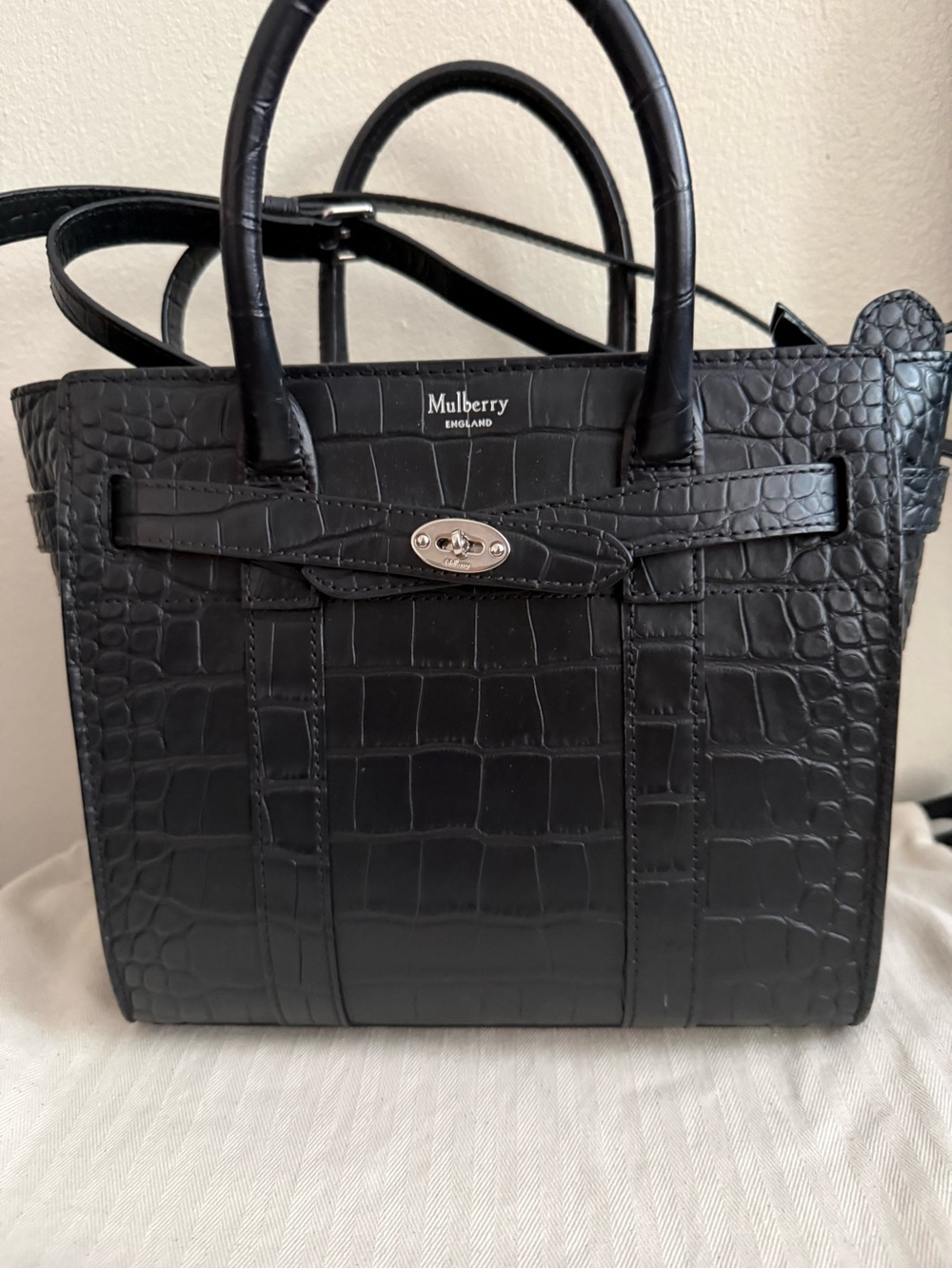 Mulberry Mini Zipped Bayswater Black Croc Leather Crossbody Bag - Picture 2 of 6